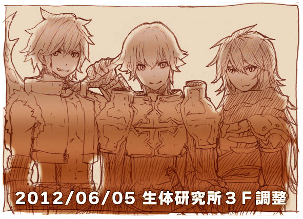 3boys armor assassin_cross_(ragnarok_online) bad_id breastplate brown_theme closed_mouth commentary_request cross dated eremes_guile howard_alt-eisen lala_(sputnik) long_hair looking_at_viewer lord_knight_(ragnarok_online) male_focus multiple_boys open_clothes open_shirt pauldrons ragnarok_online scarf seyren_windsor shirt short_hair shoulder_armor sleeveless sleeveless_shirt smile suspenders upper_body whitesmith_(ragnarok_online)