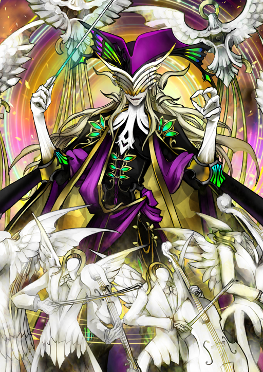 1boy bird black_cape black_jacket black_pants blonde_hair cape conductor_baton covered_eyes fate/grand_order fate_(series) feet_out_of_frame gloves hair_slicked_back hands_up hat holding_baton jacket legs_apart long_hair male_focus mask mysterious_mask_(fate) official_art open_mouth pants pfalz purple_hat purple_sash revision sash smile solo standing third-party_source three-quarter_sleeves variant_set white_gloves wolfgang_amadeus_mozart_(fate)