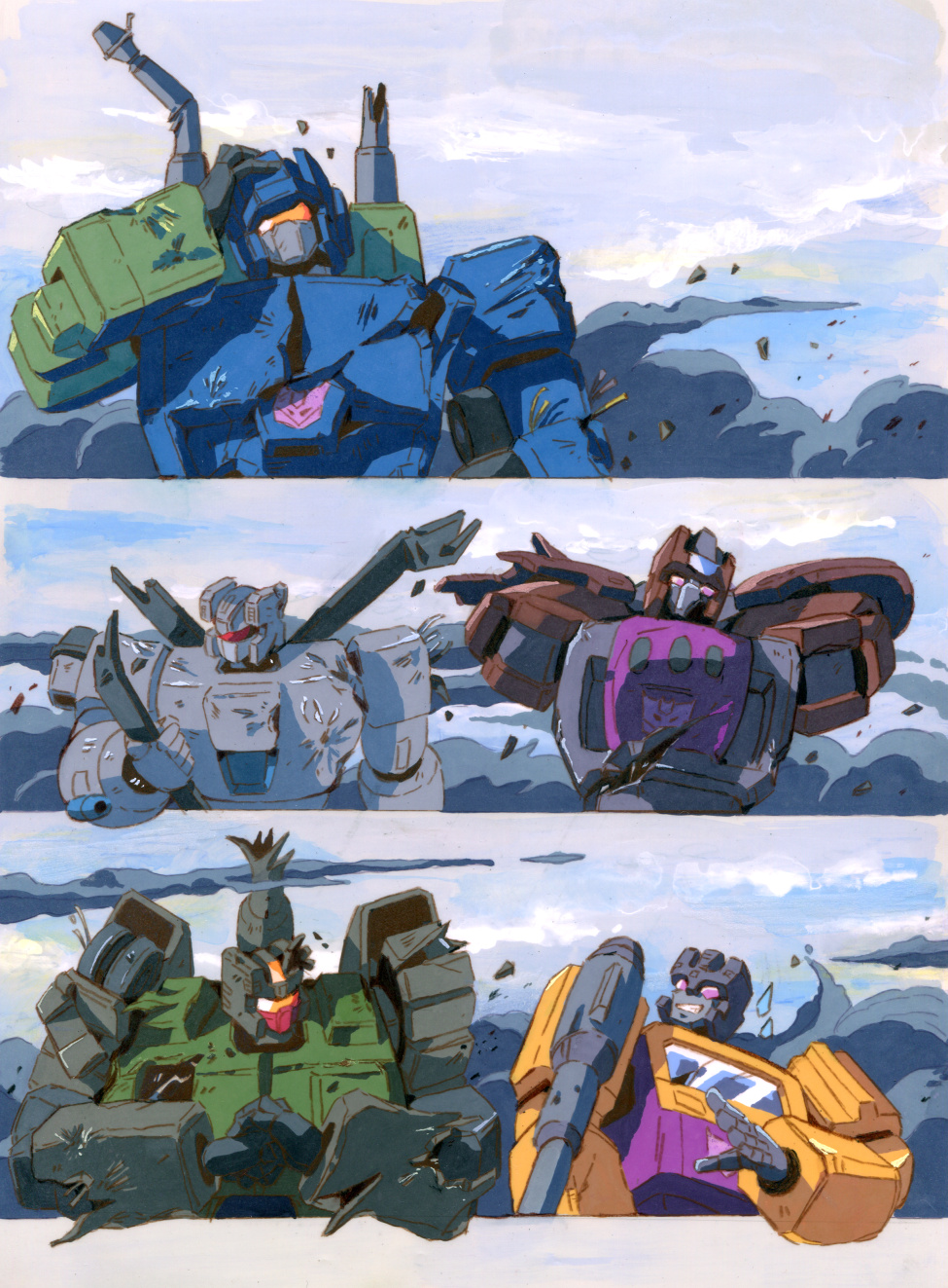 1980s_(style) 5boys aircraft angry arms_behind_head blade blast_off_(transformers) brawl_(transformers) broken broken_weapon cloud cloudy_sky cracking_knuckles damaged decepticon helicopter highres marble-v mecha military military_jeep military_vehicle motor_vehicle multiple_boys nervous nervous_smile no_humans oldschool onslaught_(transformers) purple_eyes red_eyes retro_artstyle robot rocket sky smile swindle_(transformers) tank transformers vortex_(transformers) weapon