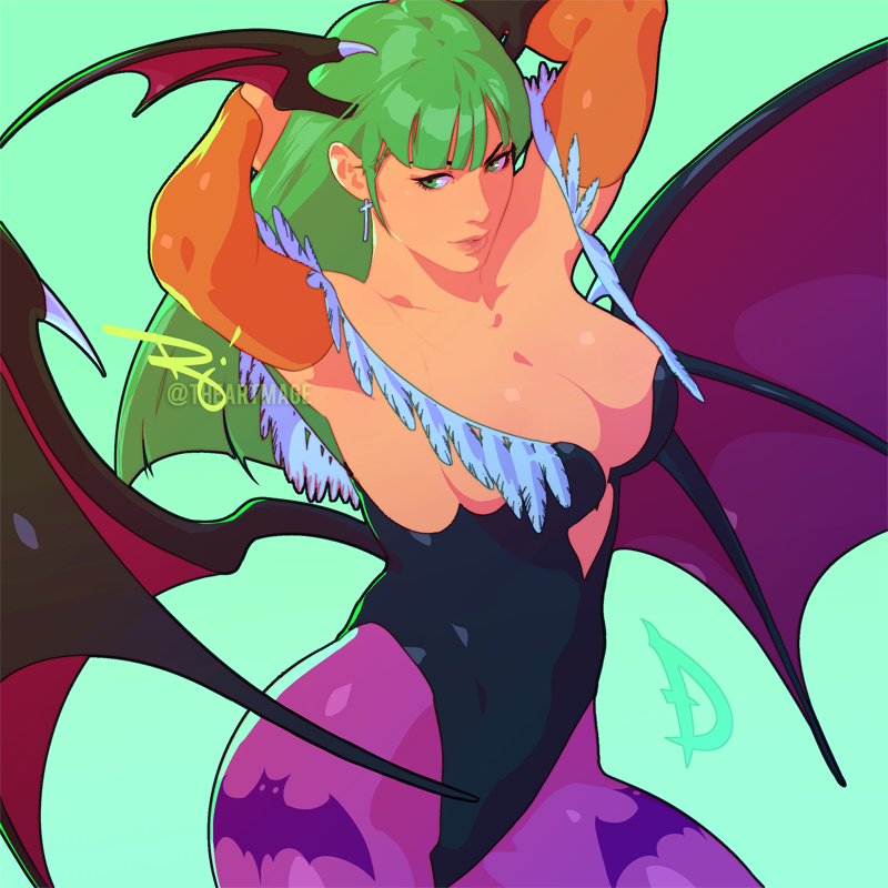 1girl animal_print aqua_background armpits arms_behind_head bat_print breasts demon_wings detached_sleeves earrings green_eyes green_hair head_wings jewelry large_breasts leotard long_hair morrigan_aensland pantyhose the_art_mage darkstalkers wings