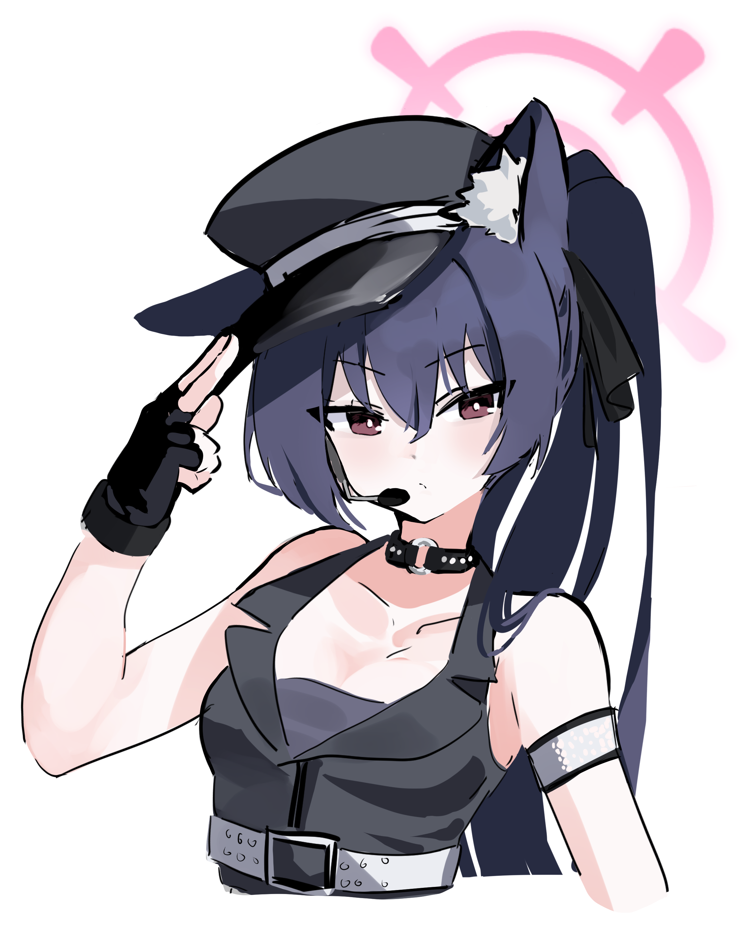 1girl :/ absurdres animal_ear_fluff animal_ears bare_shoulders belt black_choker black_gloves black_hair black_hat black_vest blue_archive blush bright_pupils brown_eyes cat_ears choker closed_mouth collarbone commentary_request extra_ears fingerless_gloves frown gloves halo hat headset highres idol idol_clothes korean_commentary long_hair looking_at_viewer mr.lazy official_alternate_costume official_alternate_hairstyle peaked_cap pink_halo ponytail salute serika_(blue_archive) serika_(idol)_(blue_archive) simple_background sleeveless solo two-finger_salute upper_body v-shaped_eyebrows vest white_background white_belt white_pupils