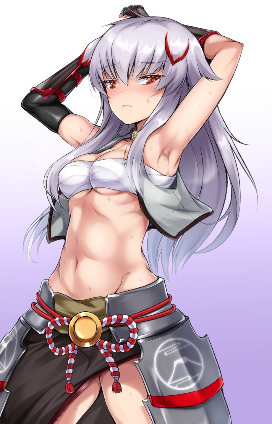 1girl animal_ears arm_up armor armpits arms_up azur_lane black_gloves black_skirt blush breasts cleavage closed_mouth commentary_request cowboy_shot crop_top elbow_gloves fingerless_gloves floppy_ears gloves grey_hair grey_shirt highres hyuuga_(azur_lane) hyuuga_(retrofit)_(azur_lane) japanese_armor kusazuri long_hair looking_at_viewer medium_breasts navel red_eyes retrofit_(azur_lane) rope sarashi shimo_(depthbomb) shirt skirt sleeveless sleeveless_shirt solo sweat vambraces