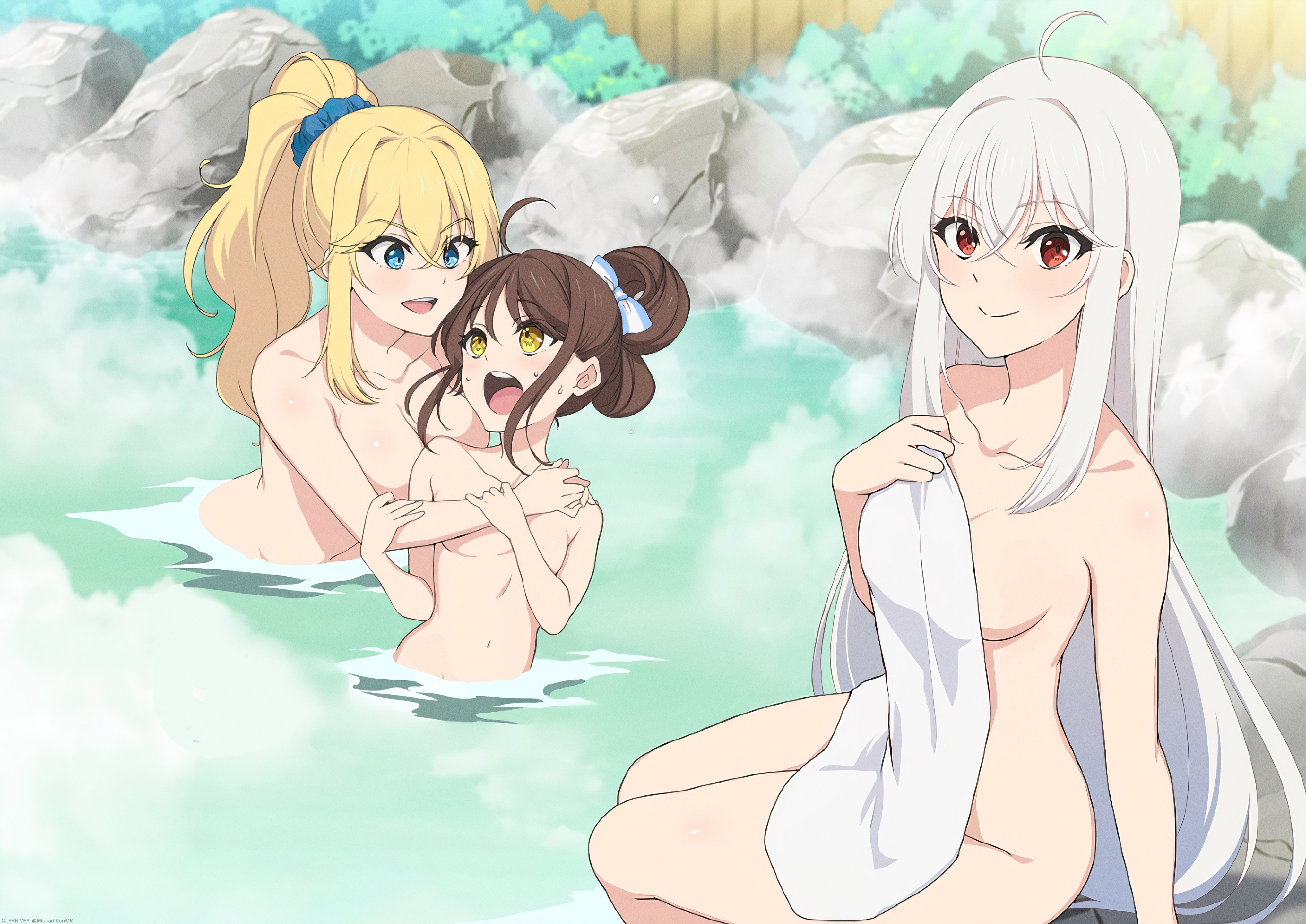 Rule 34 Dev - 3girls absurdres artist_request blonde_hair blue_eyes blush  brown_hair covering_privates falanya_elk_arbalest high_ponytail highres  long_hair lowellmina_earthworld multiple_girls ninym_ralei nude nude_cover  official_art onsen open_mouth ...