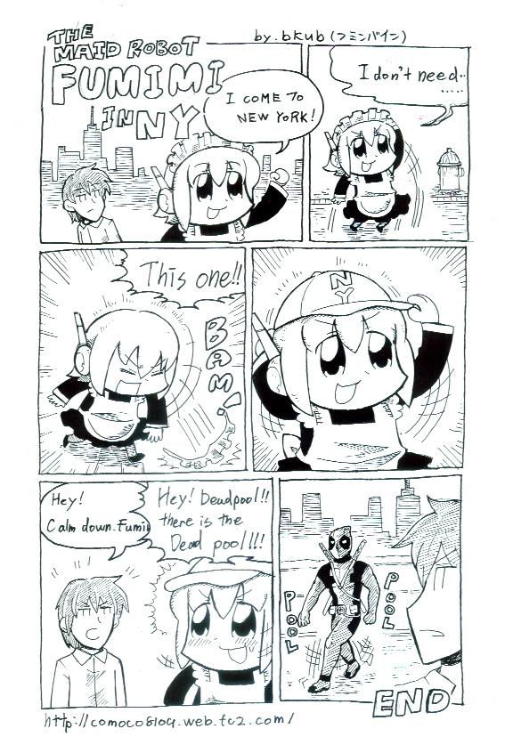 1girl 2boys 3ldkm baseball_cap bkub comic deadpool deadpool_(series) english_text fumimi greyscale hat left-to-right_manga maid maid_headdress marvel monochrome multiple_boys new_york_city non-web_source ribbon robot_ears screencap third-party_source throwing throwing_hat tsuneda