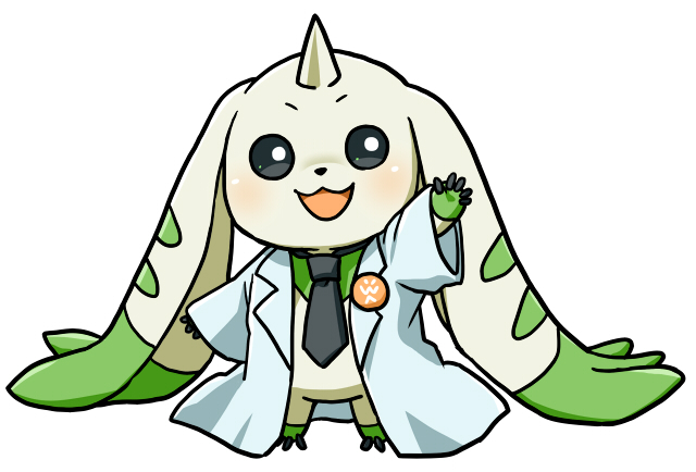 coat digimon digimon_(creature) happy horns necktie open_mouth smile solo terriermon_assistant
