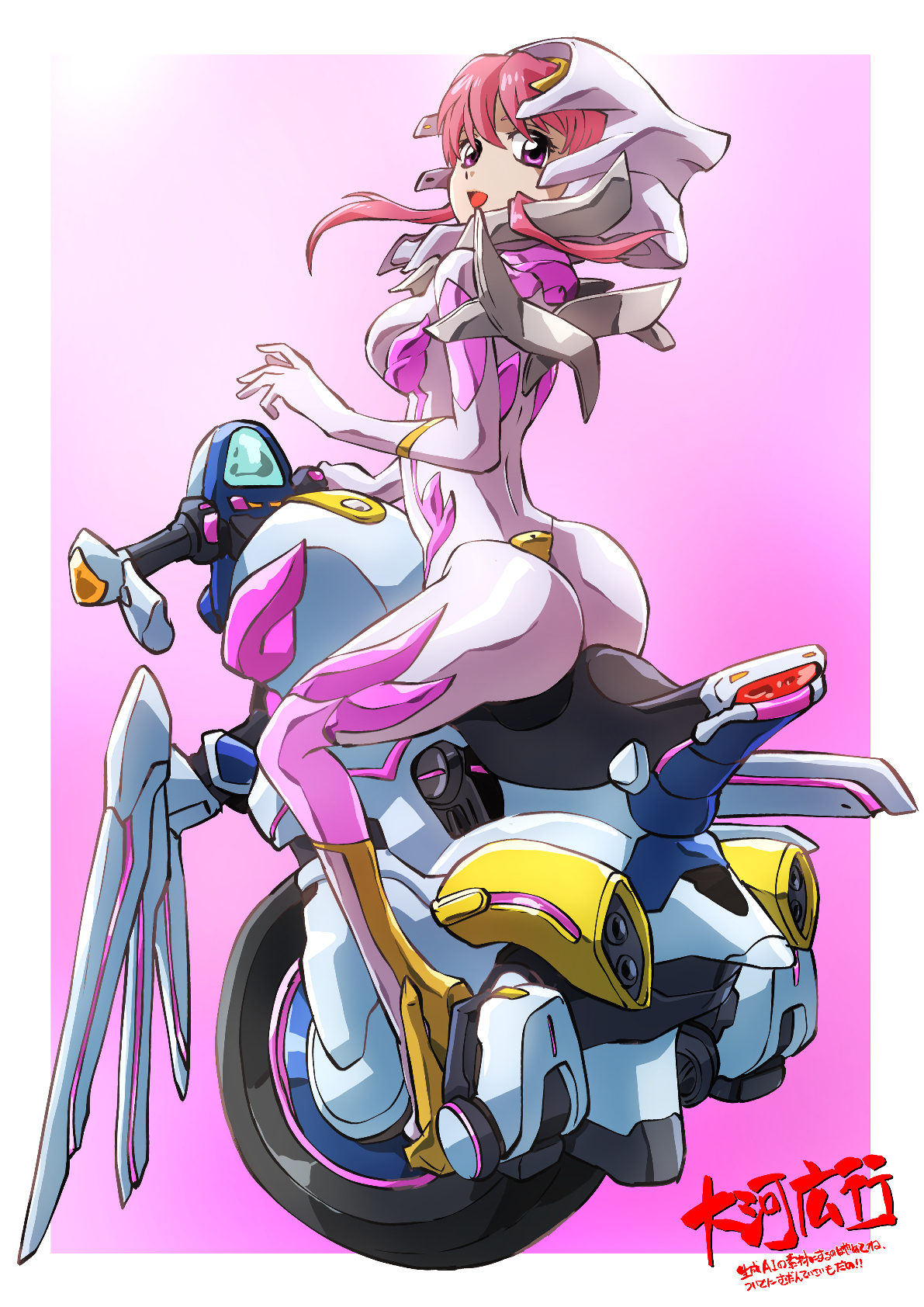 1girl bicycle blue_eyes bodysuit breasts gundam gundam_seed gundam_seed_freedom hair_ornament helmet highres lacus_clyne long_hair looking_at_viewer mecha_pilot_suit mechanical_wings motor_vehicle motorcycle multiple_girls normal_suit_(gundam) on_motorcycle open_mouth pilot pilot_helmet pink_hair riding science_fiction solo taiga_hiroyuki very_long_hair wheel wings