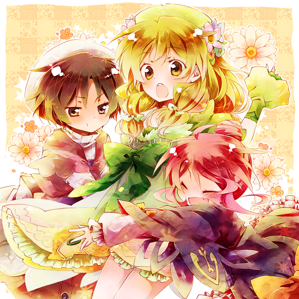 &gt;_&lt; 3girls :o amamiya_kabosu atelier_(series) atelier_ayesha ayesha_altugle bad_id bad_pixiv_id blonde_hair bow brown_eyes brown_hair coat closed_eyes female_focus floral_background hair_bun hat hug long_hair multiple_girls nio_altugle open_mouth pout red_hair ribbon short_hair single_hair_bun skirt smile surprised waist_bow wilbell_voll-ersleid yellow_background