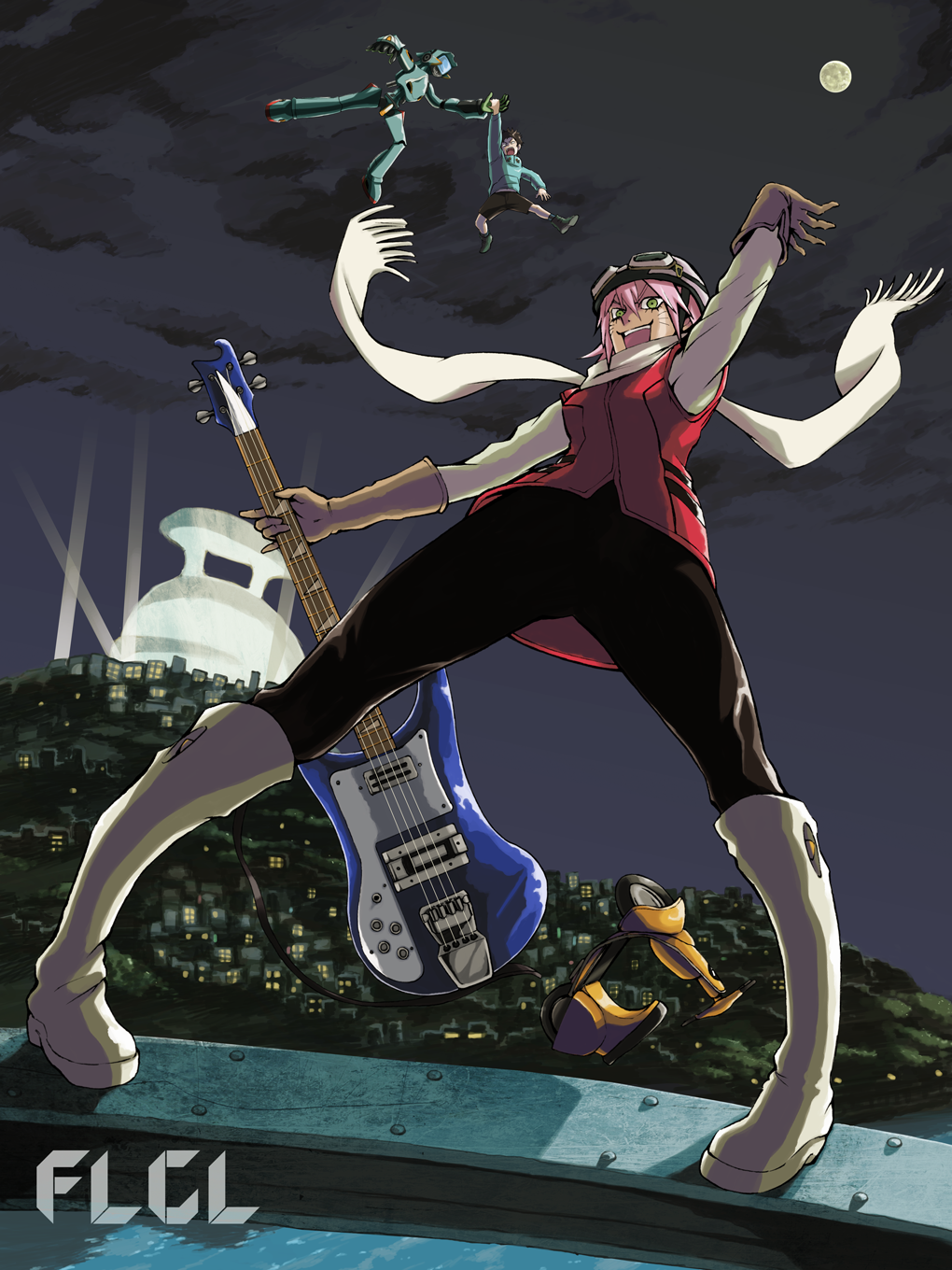 00s 1boy 1girl bad_id bad_pixiv_id bass_guitar canti chun_(pixiv178364) flcl gachirin green_eyes haruhara_haruko highres instrument motor_vehicle nandaba_naota pink_hair robot scarf scooter short_hair vehicle vespa