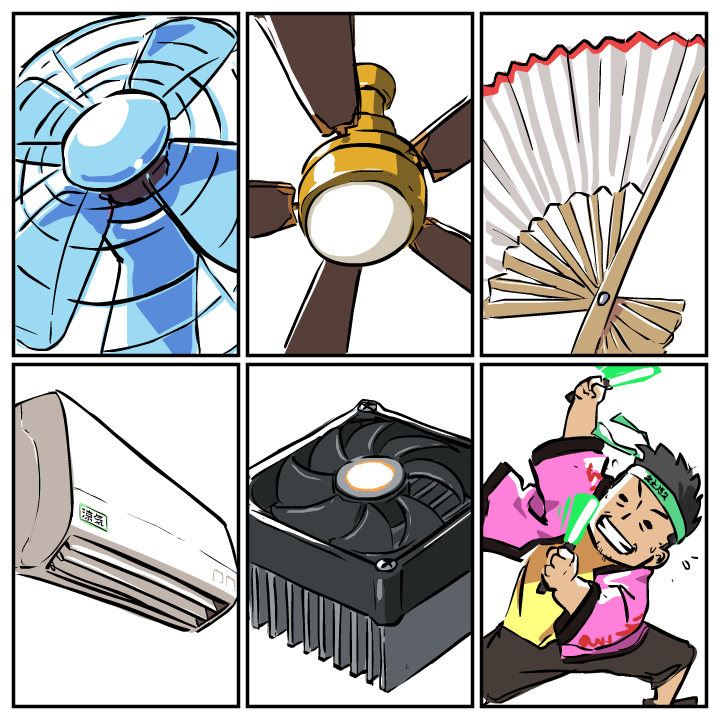 1boy air_conditioner ceiling_fan chart commentary computer_fan electric_fan english_commentary folding_fan glowstick grin hand_fan happi japanese_clothes john_su multiple_drawing_challenge original paper_fan penlight_(glowstick) pun six_fanarts_challenge smile too_literal v-shaped_eyebrows waving_arms