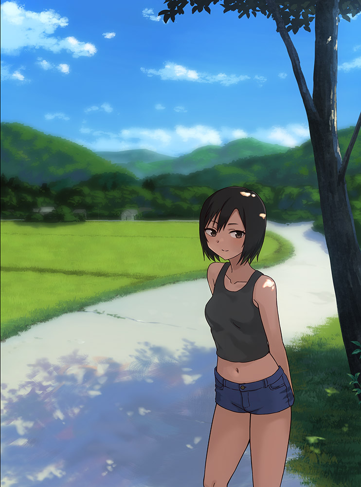 1girl black_hair black_tank_top breasts brown_eyes closed_mouth commentary_request hashi looking_at_viewer medium_breasts navel original outdoors scenery short_hair short_shorts shorts simple_background smile solo summer tank_top thighs tomboy tree