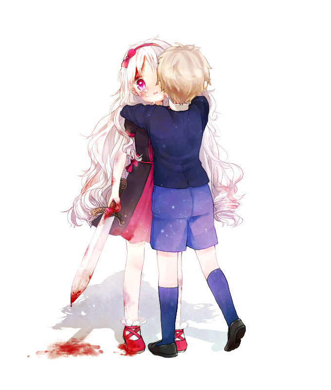 1boy 1girl bad_id bad_pixiv_id blonde_hair blood bow chloe_ardenne chloe_no_requiem dress good_end hug long_hair michel_d&#039;alembert short_hair shorts spoilers sword tears weapon white_background white_hair