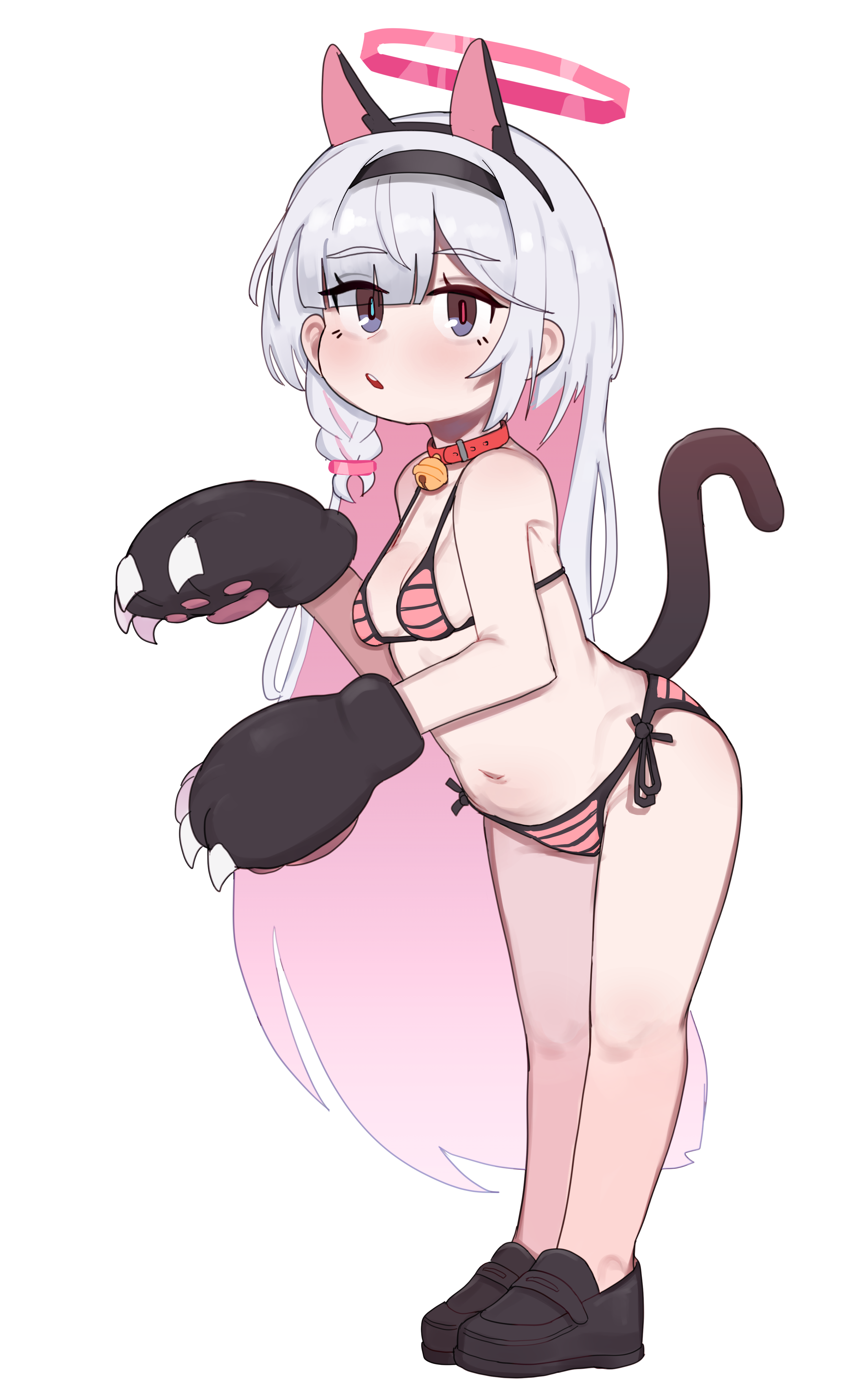 1girl :d absurdres animal_collar animal_ears animal_hands arched_back belt_collar bent_over bikini black_eyes black_shoes blue_archive blue_pupils braid breasts cat_ears cat_paws cat_tail collar commentary_request fake_animal_ears fake_tail full_body gloves grey_hair halo highres korean_commentary leaning_forward loafers long_hair looking_at_viewer lulubelleiii mismatched_pupils navel neck_bell open_mouth paw_gloves paw_pose pink_bikini pink_hair pink_halo plana_(blue_archive) red_collar red_pupils shoes side-tie_bikini_bottom side_braid simple_background single_braid small_breasts smile solo striped_bikini striped_clothes swimsuit tail teeth upper_teeth_only very_long_hair white_background