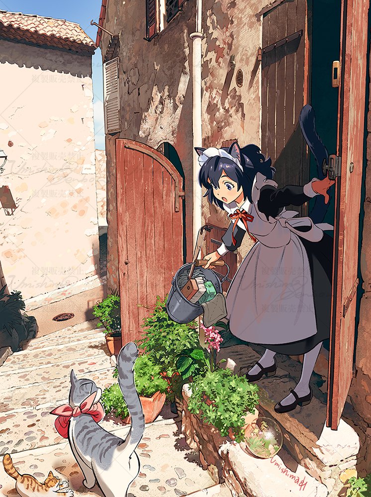 1girl :o animal_ear_fluff animal_ears apron black_dress black_eyes black_hair black_shoes bucket building cat cat_ears cat_girl cat_tail cleaning_brush commentary_request day door dress flower grey_cat holding holding_bucket long_sleeves maid maid_apron maid_headdress mary_janes medium_hair neck_ribbon orange_cat original plant potted_plant red_ribbon ribbon shoes signature solo tail umishima_senbon watermark white_apron