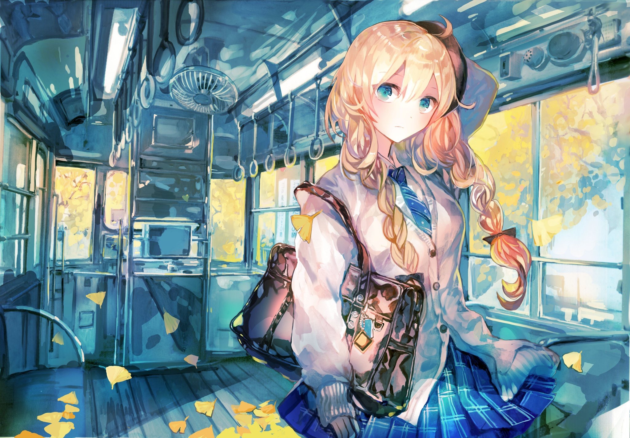 1girl aqua_eyes backpack bag blonde_hair blue_eyes blue_theme blush braid day electric_fan ginkgo_tree hand_fan highres long_hair original petals railing rioka_(southern_blue_sky) scenery seriosu serious skirt sweater train_interior twin_braids ventilator window