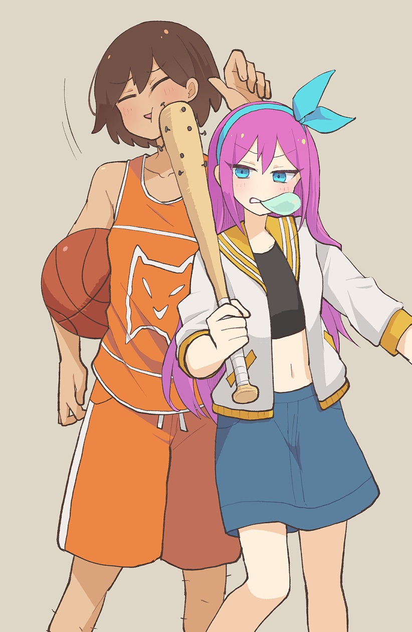 1boy 1girl aqua_eyes aqua_hairband aqua_skirt aubrey_(faraway)_(omori) aubrey_(omori) ball bare_arms baseball_bat basketball_(object) black_shirt blush brown_background brown_hair bubble chewing_gum clenched_teeth collarbone crop_top dark-skinned_male dark_skin denim denim_skirt doroidsan hair_between_eyes hairband hand_up highres holding holding_baseball_bat jacket kel_(faraway)_(omori) kel_(omori) leg_hair long_hair nail nail_(hardware) nail_bat navel omori open_clothes open_jacket open_mouth orange_sailor_collar orange_shorts orange_tank_top pink_hair sailor_collar shirt short_hair shorts skirt three-quarter_sleeves tank_top teeth v-shaped_eyebrows white_jacket white_trim