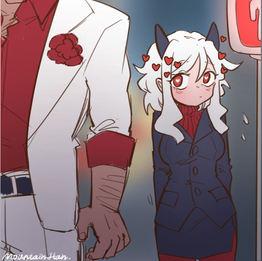 1boy 1girl black_horns black_suit blush breasts commentary demon_girl demon_horns demon_tail formal_clothes heart heart-shaped_pupils helltaker helltaker_(character) hetero horns long_sleeves medium_hair modeus_(helltaker) mountain_han pantyhose pedestrian_lights red_eyes red_sweater shirt sleeves_past_wrists solo_focus suit sweater symbol-shaped_pupils tail turtleneck white_hair