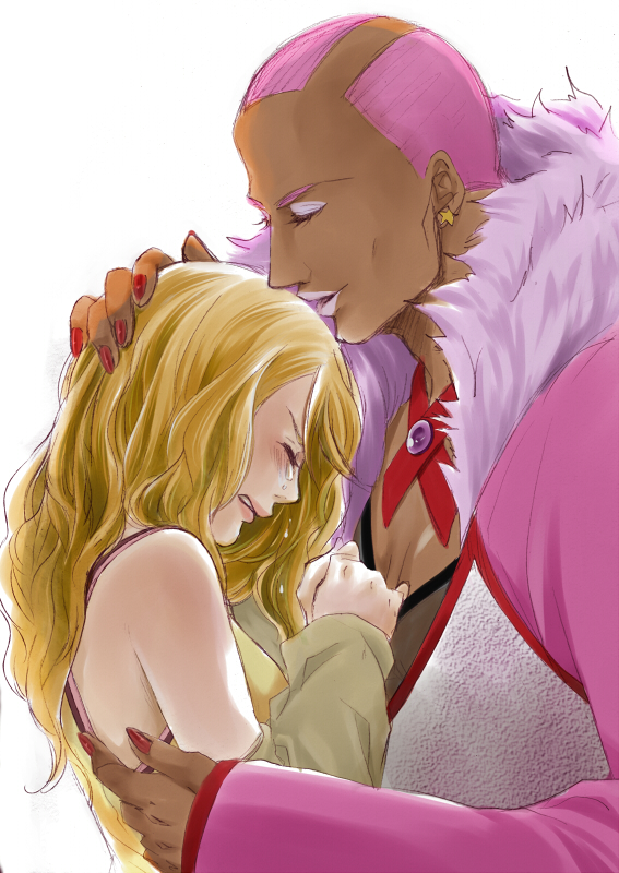 10s 1boy 1girl bare_shoulders blonde_hair dark_skin detached_sleeves dress earrings fur_trim hetero hug jewelry karina_lyle lipstick long_hair makeup nathan_seymour headpat pink_hair short_hair sleeveless sleeveless_dress tears tiger_&amp;_bunny toyu