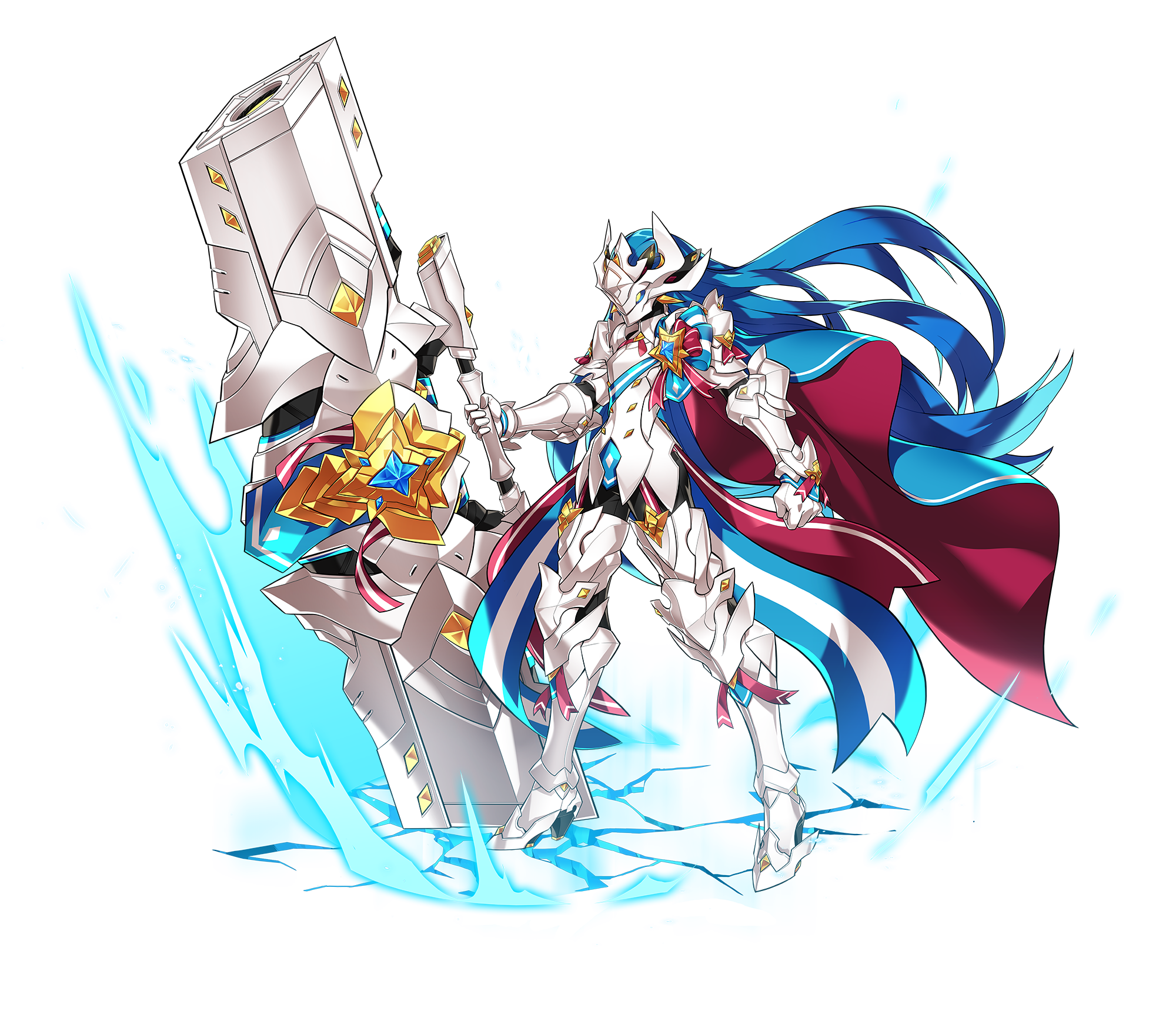 1boy ahoge androgynous armored_boots blue_cape blue_hair boots cape chung_seiker clenched_hand closed_mouth crack cracked_floor elsword floating_cape footwear_ribbon full_body game_cg helm helmet highres holding holding_cannon holding_weapon huge_weapon knee_boots legs_apart long_hair magic official_art pink_cape pink_ribbon planted ress ribbon second-party_source solo standing tachi-e transparent_background two-sided_cape two-sided_fabric v-shaped_eyebrows very_long_hair weapon white_boots white_helmet wind