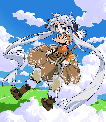 1girl belt bloomers blue_eyes boots bow cloud day dress female_focus full_body hair_bow long_hair long_sleeves lowres mof mof&#039;s_silver_haired_twintailed_girl oekaki original outdoors silver_hair sky solo twintails underwear very_long_hair weapon