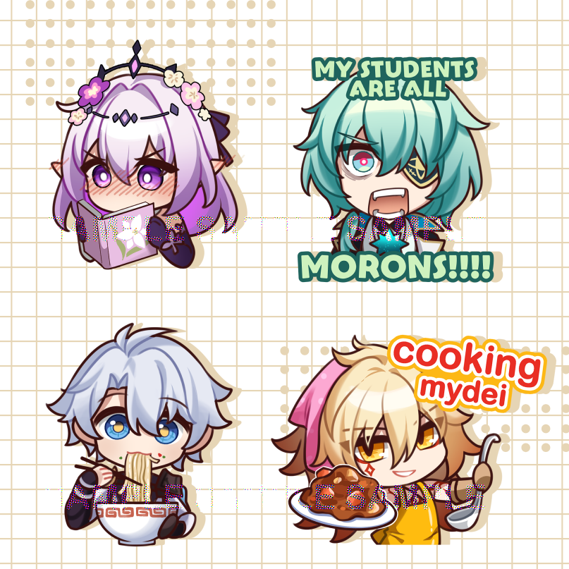1girl 3boys anaxa_(honkai:_star_rail) apron black_gloves black_jacket blonde_hair blue_eyes blush bright_pupils brown_gloves castorice_(honkai:_star_rail) chibi commentary cooking_mama cosplay cropped_torso eating embarrassed english_commentary english_text eyepatch flower food gloves green_eyes green_hair grey_hair grid grin hair_flower hair_ornament holding holding_ladle holding_plate honkai:_star_rail honkai_(series) jacket ladle long_hair mama_(cooking_mama) mama_(cooking_mama)_(cosplay) meme multicolored_eyes multiple_boys mydei_(honkai:_star_rail) noodles open_clothes open_mouth open_shirt phainon_(honkai:_star_rail) pink_eyes plate purple_eyes purple_hair ramen reading red_pupils sample_watermark short_hair shouting simple_background smile sparkle tana_(tanabio) teeth tiara two-tone_eyes watermark white_pupils yellow_apron yellow_eyes yellow_pupils