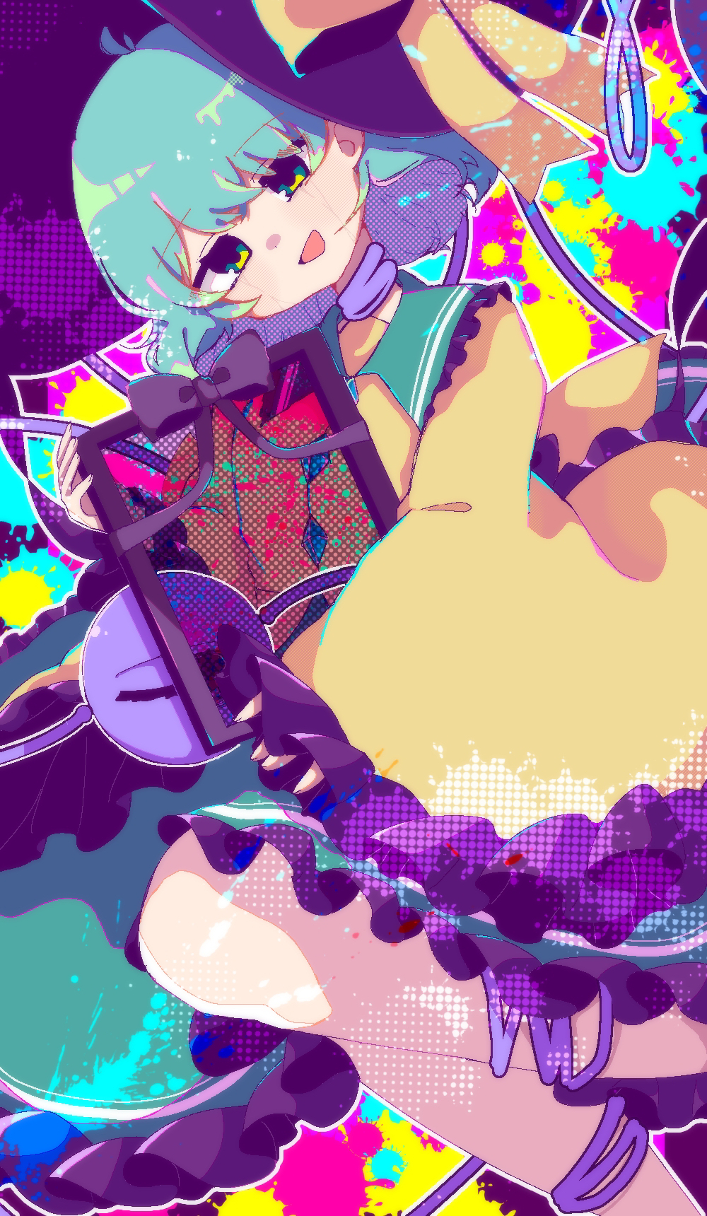 1girl :d antenna_hair black_bow black_hat bow buttons commentary crying crying_with_eyes_open diamond_button dutch_angle feet_out_of_frame frilled_shirt_collar frilled_skirt frilled_sleeves frills green_eyes green_hair green_skirt hair_between_eyes hat hat_ribbon heart heart_of_string highres holding_portrait iei implied_suicide komeiji_koishi looking_down medium_hair mint_onyo open_mouth paint_splatter ribbon sad shirt skirt sleeves_past_wrists smile solo string_around_neck sun_hat symbol-only_commentary tears third_eye touhou wide_sleeves yellow_ribbon yellow_shirt