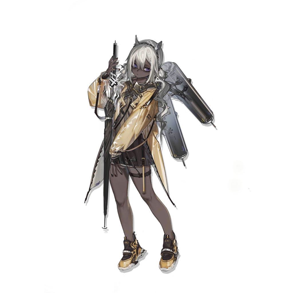 1girl animal_ears arknights azling bad_link bags_under_eyes black_nails black_shoes black_skirt closed_mouth dark-skinned_female dark_skin fingernails full_body hair_between_eyes holding holding_umbrella jacket long_hair long_sleeves looking_at_viewer nail_polish official_art purple_eyes shoes simple_background skirt solo standing star_of_life thigh_strap transparent_background tuye_(arknights) umbrella yellow_jacket yellow_shoes