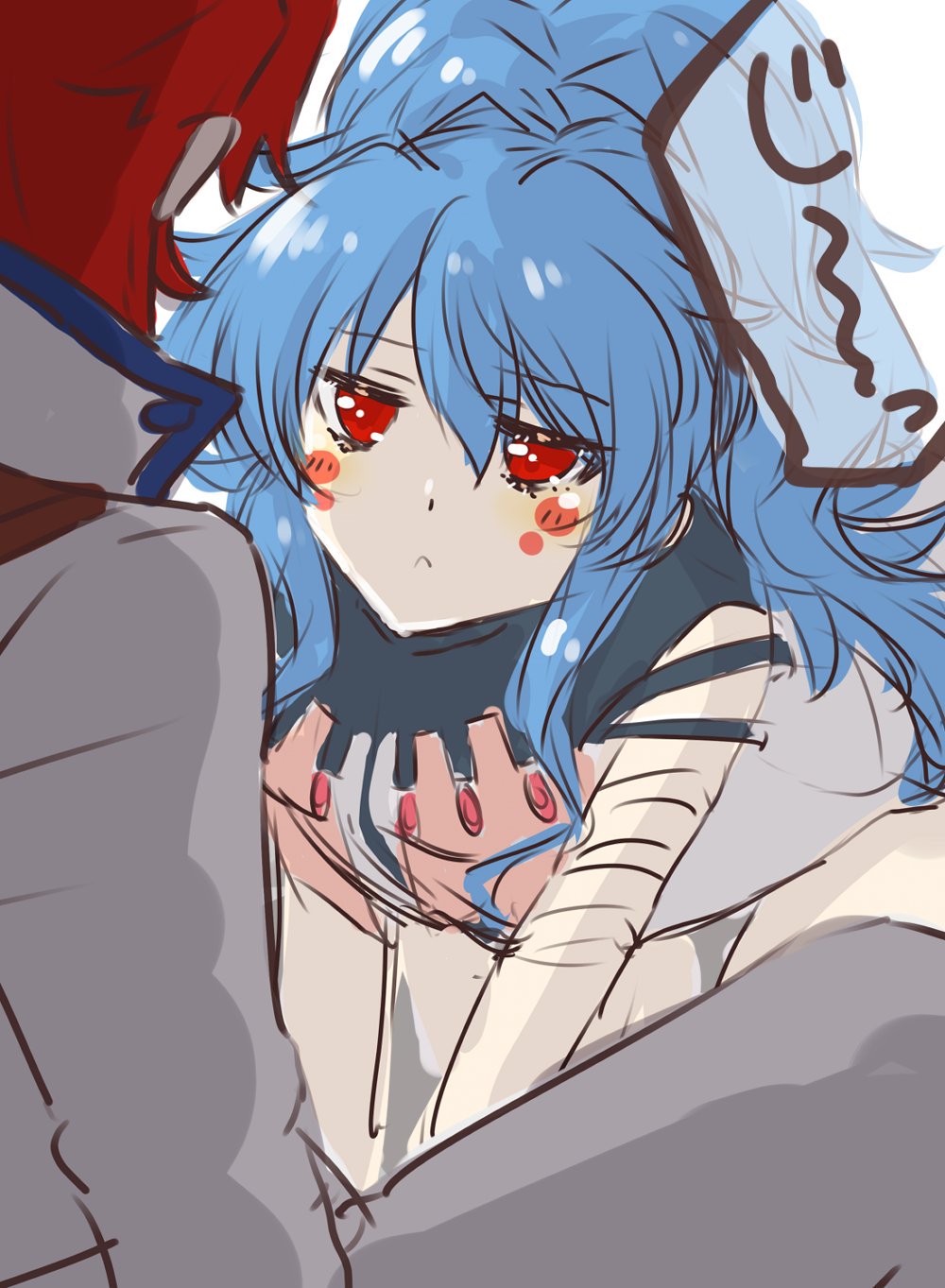 1boy 1girl alfimi anklet axel_almer bandai_namco banpresto bare_legs blue_hair hajime_(usagi) highres jewelry long_hair ponytail red_eyes red_hair sketch super_robot_wars super_robot_wars_og_saga_mugen_no_frontier super_robot_wars_og_saga_mugen_no_frontier_exceed translation_request very_long_hair