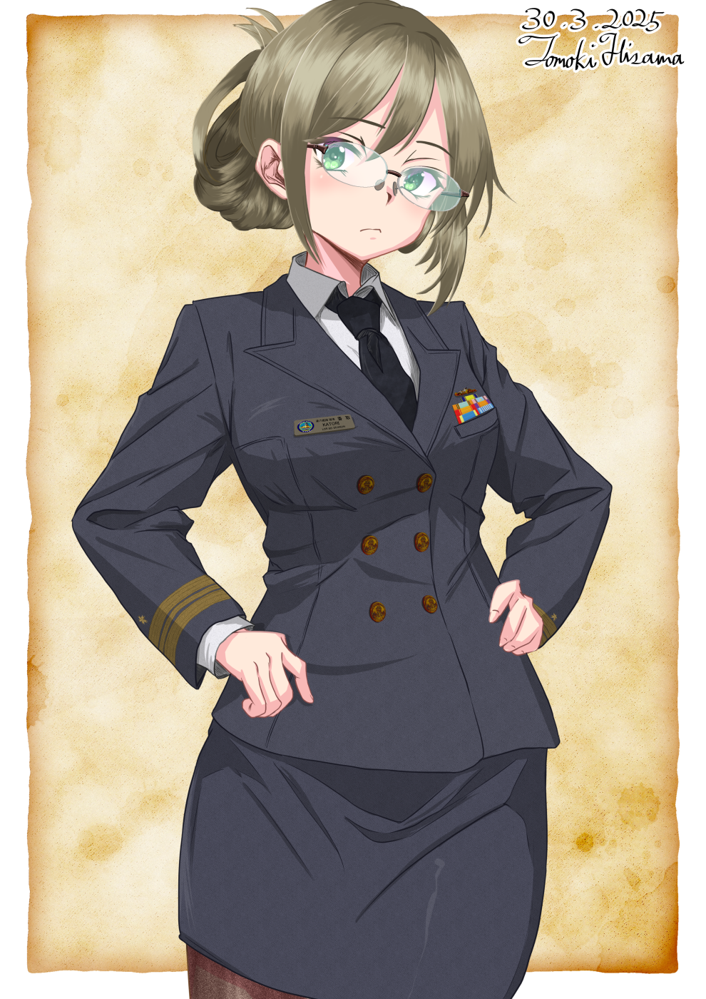 1girl black_necktie black_skirt breasts brown_hair buttons collared_shirt double-breasted folded_ponytail glasses green_eyes highres hisamatomoki kantai_collection katori_(kancolle) large_breasts long_sleeves military_dress_uniform military_rank_insignia military_uniform miniskirt naval_dress_uniform naval_uniform necktie ribbon_bar rimless_eyewear shirt skirt white_shirt