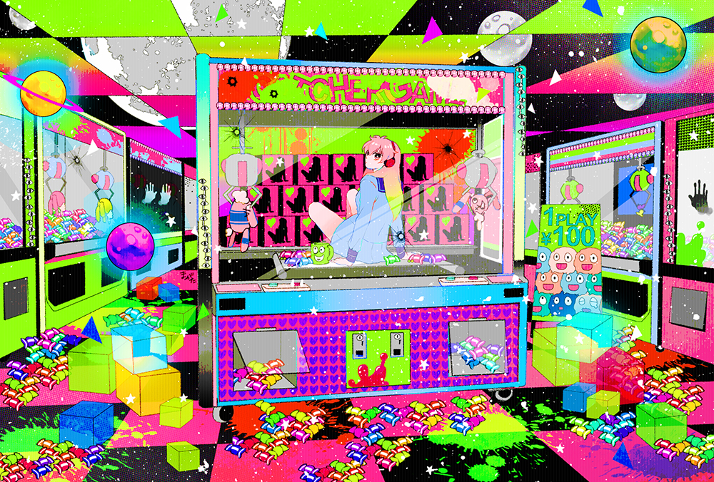 1girl abstract arcade arcade_cabinet arm_support arms_behind_back artist_name blue_skirt box broken_glass bullet_hole candy ceiling coin_slot colorful commentary crane_game crossed_ankles cube cup english_text female_focus floating floating_object folding_sign food from_behind game glass glowing hair_between_eyes hair_over_shoulder headphones heart heart_pattern in_container indoors knees_up leaning_back long_hair long_sleeves looking_at_viewer looking_back machine magatan moon mug original parted_bangs pink_eyes pink_hair planet playing_games pleated_skirt price prize_game psychedelic push-button sailor_collar school_uniform see-through_clothes serafuku sign skirt skirt_set sky solo space splatter star_(sky) star_(symbol) starry_sky stuffed_animal stuffed_rabbit stuffed_toy stuffing surreal text_focus tile_ceiling tiles translation_request triangle wheel wrapped_candy yen_sign