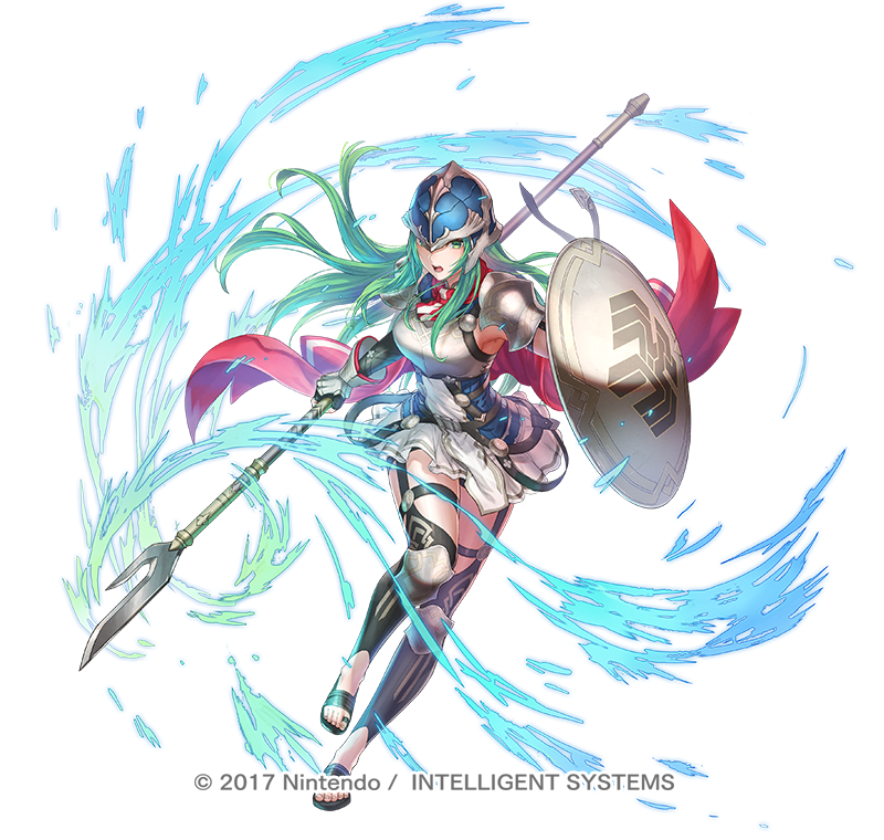1girl anbe_yoshirou armor breastplate breasts cape capelet copyright_notice elbow_gloves feet fingerless_gloves fire_emblem fire_emblem:_path_of_radiance fire_emblem:_radiant_dawn fire_emblem_heroes full_body gloves green_eyes helmet holding holding_weapon knee_pads leg_up long_hair medium_breasts nephenee_(fire_emblem) nephenee_(resplendent)_(fire_emblem) nintendo official_art open_mouth pelvic_curtain polearm sandals shield shoulder_armor skirt solo spear standing thigh_strap thighhighs toenails toes weapon white_background zettai_ryouiki
