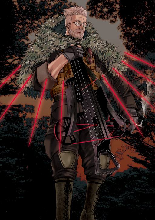 1boy arm_at_side asymmetrical_sleeves beard between_fingers black-framed_eyewear black_jacket black_pants blue_eyes boots bow_(weapon) bulletproof_vest capelet cigarette closed_mouth crossbow expressionless facial_hair fate/grand_order fate_(series) feet_out_of_frame fingerless_gloves full_beard fur_capelet game_cg glasses gloves glowing green_boots grey_gloves hand_up holding holding_cigarette holding_crossbow holding_weapon jacket lace-up_boots long_sleeves looking_at_viewer male_focus mature_male official_art old old_man pants partially_fingerless_gloves round_eyewear short_hair single_fingerless_glove sleeve_rolled_up smoke smoke_trail solo takahashi_keitarou third-party_source toned toned_male undercut variant_set weapon william_tell_(fate) wrinkled_skin