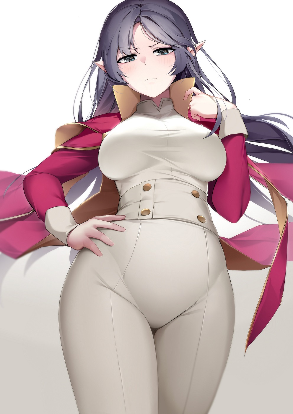 1girl adele_(maplestory) breasts cape closed_mouth commentary cowboy_shot green_eyes grey_hair hand_on_own_hip hand_up high_collar highres jacket large_breasts light_blush long_hair long_sleeves looking_at_viewer looking_down maplestory nine_(kanine41) open_clothes open_jacket pants parted_bangs pointy_ears red_cape red_jacket shirt shrug_(clothing) simple_background solo white_background white_pants white_shirt