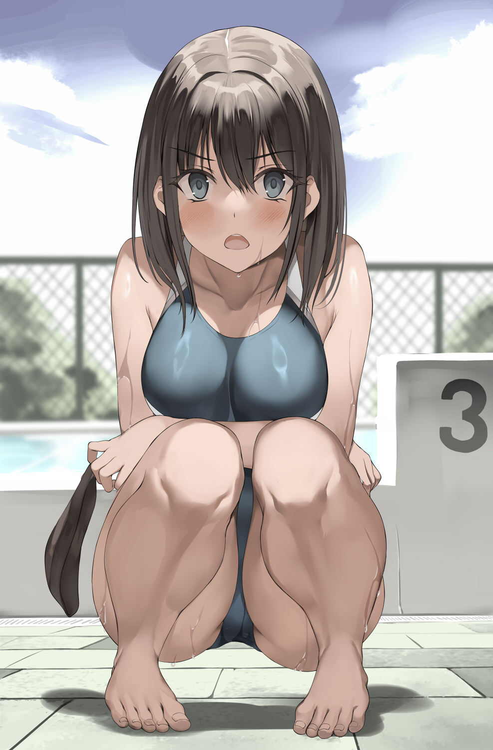 1girl barefoot black_hair blue_eyes blush breasts chain-link_fence collarbone commentary_request feet fence hair_between_eyes hat highres holding holding_unworn_clothes holding_unworn_hat kureha_(ironika) looking_at_viewer medium_breasts one-piece_swimsuit open_mouth original outdoors poolside solo squatting swim_cap swimsuit toes tsubasa_(kureha) unworn_hat unworn_headwear unworn_swim_cap v-shaped_eyebrows wet