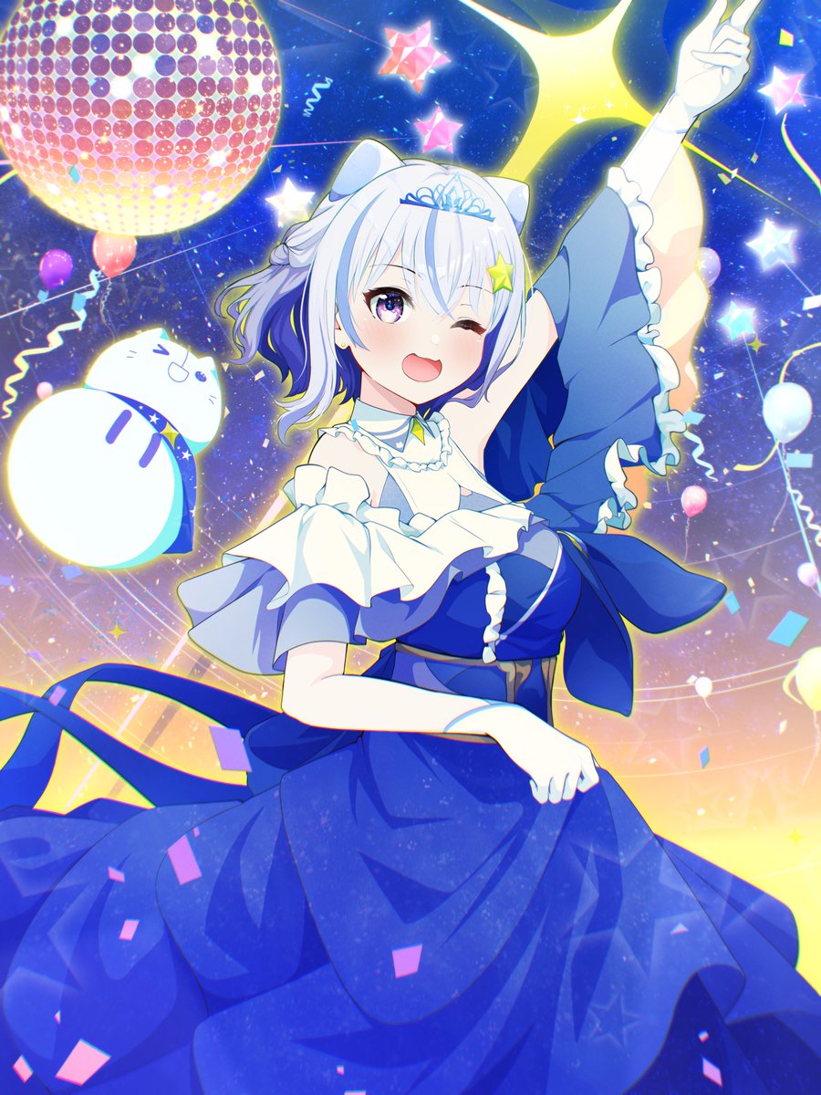 1girl ;d animal_ears arm_up balloon blue_dress blue_hair blush colored_inner_hair commentary dress english_commentary frilled_dress frills gloves hair_ornament highres iriam medium_hair miria_(iriam) multicolored_hair nekosame00 one_eye_closed open_mouth purple_eyes shirasu_(iriam) skirt_hold smile solo star_(symbol) star_hair_ornament teeth tiara tongue two-tone_hair upper_teeth_only white_gloves white_hair