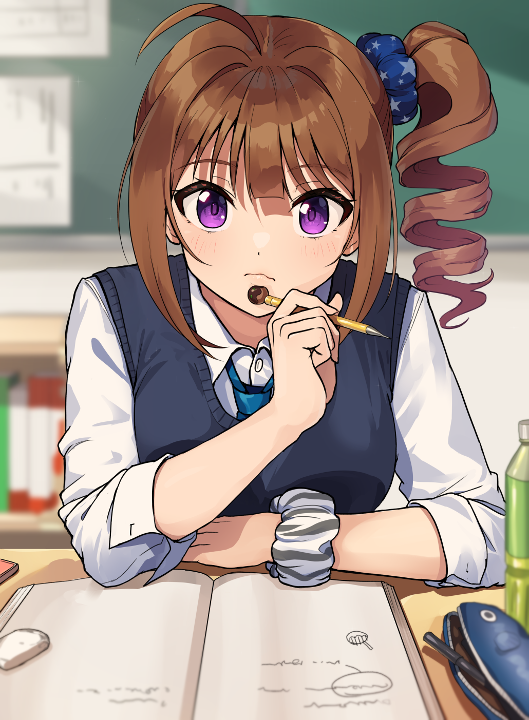 1girl ahoge arm_rest blue_sweater_vest blurry blurry_background blush bottle breasts brown_hair hair_ornament hair_scrunchie highres holding holding_pen idolmaster idolmaster_million_live! idolmaster_million_live!_theater_days indoors kamille_(vcx68) looking_at_viewer medium_breasts pen purple_eyes school_uniform scrunchie shirt side_ponytail solo summer_uniform_series_(idolmaster) sweater_vest white_shirt wrist_scrunchie yokoyama_nao