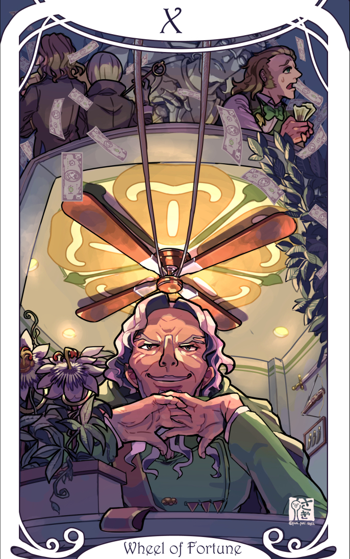 2boys ace_attorney ace_attorney_investigations ace_attorney_investigations:_miles_edgeworth bow_(weapon) card_(medium) ceiling_fan ceiling_light character_request colias_palaeno dagger facial_hair falling_money forked_eyebrows green_jacket grey_hair indoors jacket knife male_focus medal multiple_boys old old_man own_hands_together picture_frame plant potted_plant quercus_alba saginoko smile sword tarot tarot_(medium) teeth weapon wheel_of_fortune_(tarot) wrinkled_skin