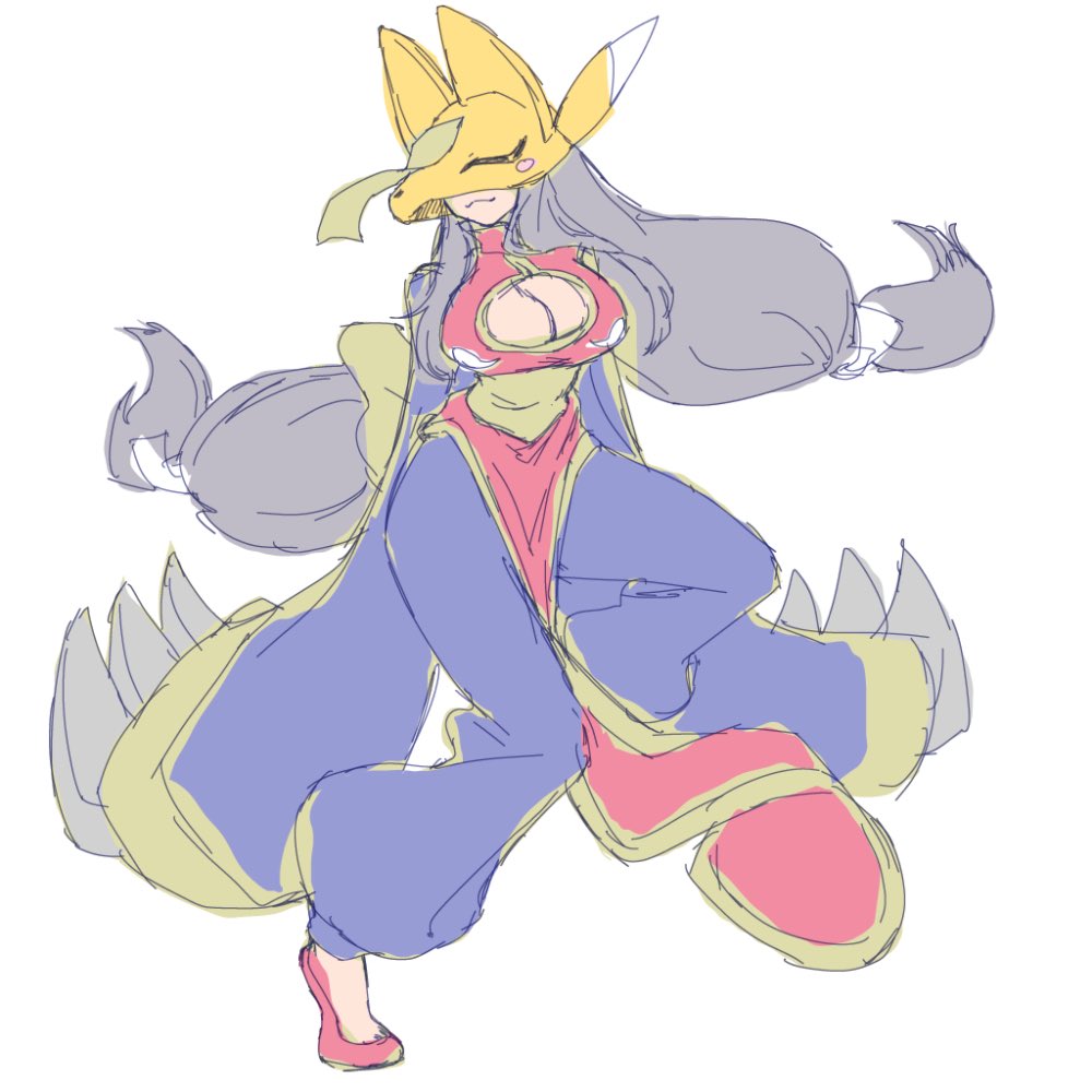 1girl armor breasts cleavage cleavage_cutout clothing_cutout cosplay darkstalkers digimon digimon_(creature) fox_mask hsien-ko hsien-ko_(cosplay) large_breasts long_hair mask sakuyamon solo yin_yang