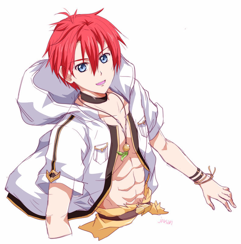 1girl abs adol_christin ahoge artist_name blue_eyes bracelet double-parted_bangs hair_between_eyes hood hoodie jacket jewelry looking_at_viewer muscular muscular_male open_clothes open_jacket open_mouth pendant red_hair short_hair short_sleeves simple_background smile solo upper_body white_background xiacheng_tatsuya ys ys_x:_nordics