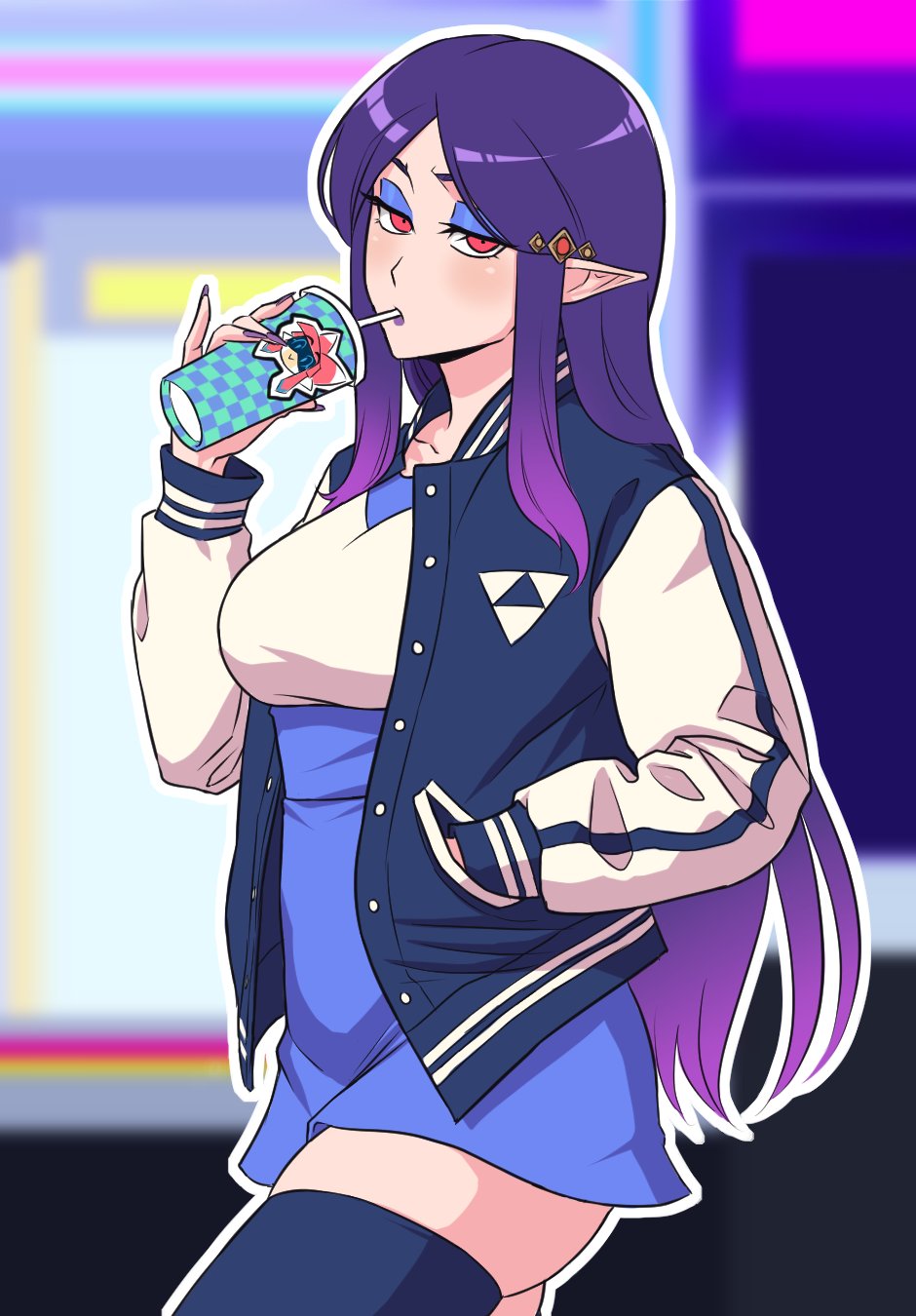 1girl blue_eyeshadow commentary contemporary cowboy_shot cup disposable_cup drinking drinking_straw drinking_straw_in_mouth english_commentary eyeshadow fingernails half-closed_eyes hand_in_pocket highres holding jacket kirby_otaku letterman_jacket long_fingernails long_hair looking_at_viewer makeup nintendo pointy_ears princess_hilda purple_hair red_eyes solo standing the_legend_of_zelda the_legend_of_zelda:_a_link_between_worlds thighhighs triforce zettai_ryouiki