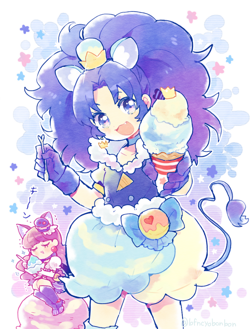 2girls animal_ear_fluff animal_ears anklet asymmetrical_legwear bag big_hair blue_background blue_bow blue_choker blue_eyes blue_hair blue_shirt blue_skirt blue_sleeves blue_thighhighs boots border bow bowl bubble_skirt cat_ears choker closed_eyes collarbone colored_eyelashes commentary_request cowboy_shot crown crown_earrings cure_gelato cure_macaron deformed earrings eating elbow_gloves fang floating_earring food food-themed_hair_ornament full_body fur-trimmed_shorts fur_trim gloves gold_crown gradient_background hair_ornament hat hayashi_(kanzume) high_heel_boots high_heels holding holding_bowl holding_food holding_ice_cream holding_ice_cream_cone holding_spoon ice_cream ice_cream_cone jewelry kirakira_precure_a_la_mode knee_boots kotozume_yukari light_blush lion_ears lion_tail long_hair looking_at_viewer macaron magical_girl mini_hat miniskirt multiple_girls on_food open_mouth outline outside_border parted_bangs precure puffy_short_sleeves puffy_sleeves purple_background purple_footwear purple_hair purple_skirt shirt short_sleeves shorts single_thighhigh sitting sitting_on_food skirt smile sparkle sphere_earrings spoon star_(symbol) tail tategami_aoi thighhighs twitter_username two-tone_skirt very_long_hair waist_bow white_border white_gloves white_outline white_shirt white_skirt white_sleeves yellow_headwear