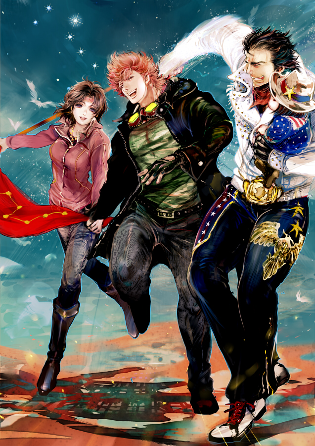 2boys 2girls asuka_(hokuto_no_ken) bat_(hokuto_no_ken) black_hair brown_hair carrying child ein_(hokuto_no_ken) father_and_daughter hokuto_no_ken isi88 jacket jobo_(isi88) lin_(hokuto_no_ken) multiple_boys multiple_girls red_hair short_hair star_(sky)
