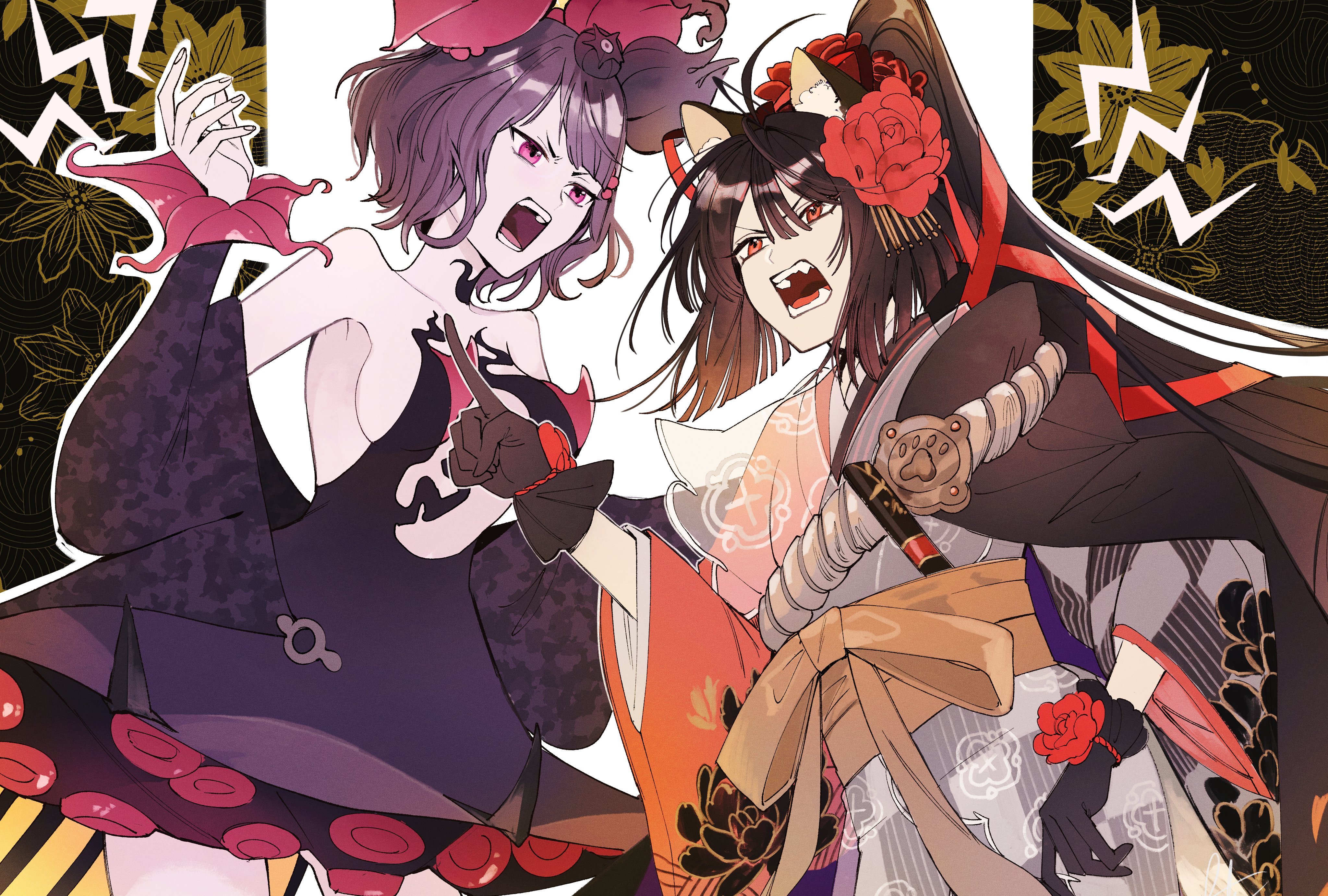 2girls absurdres ahoge animal_ears arguing black_gloves brown_hair dog_ears dress fangs fate/grand_order fate_(series) flower gloves hair_flower hair_ornament highres japanese_clothes katsushika_hokusai_(fate) katsushika_hokusai_(third_ascension)_(fate) kimono kyokutei_bakin_(fate) kyokutei_bakin_(second_ascension)_(fate) long_hair multiple_girls pointing ponytail purple_dress purple_eyes purple_hair red_eyes ryousuke_(tukr5384) tentacles