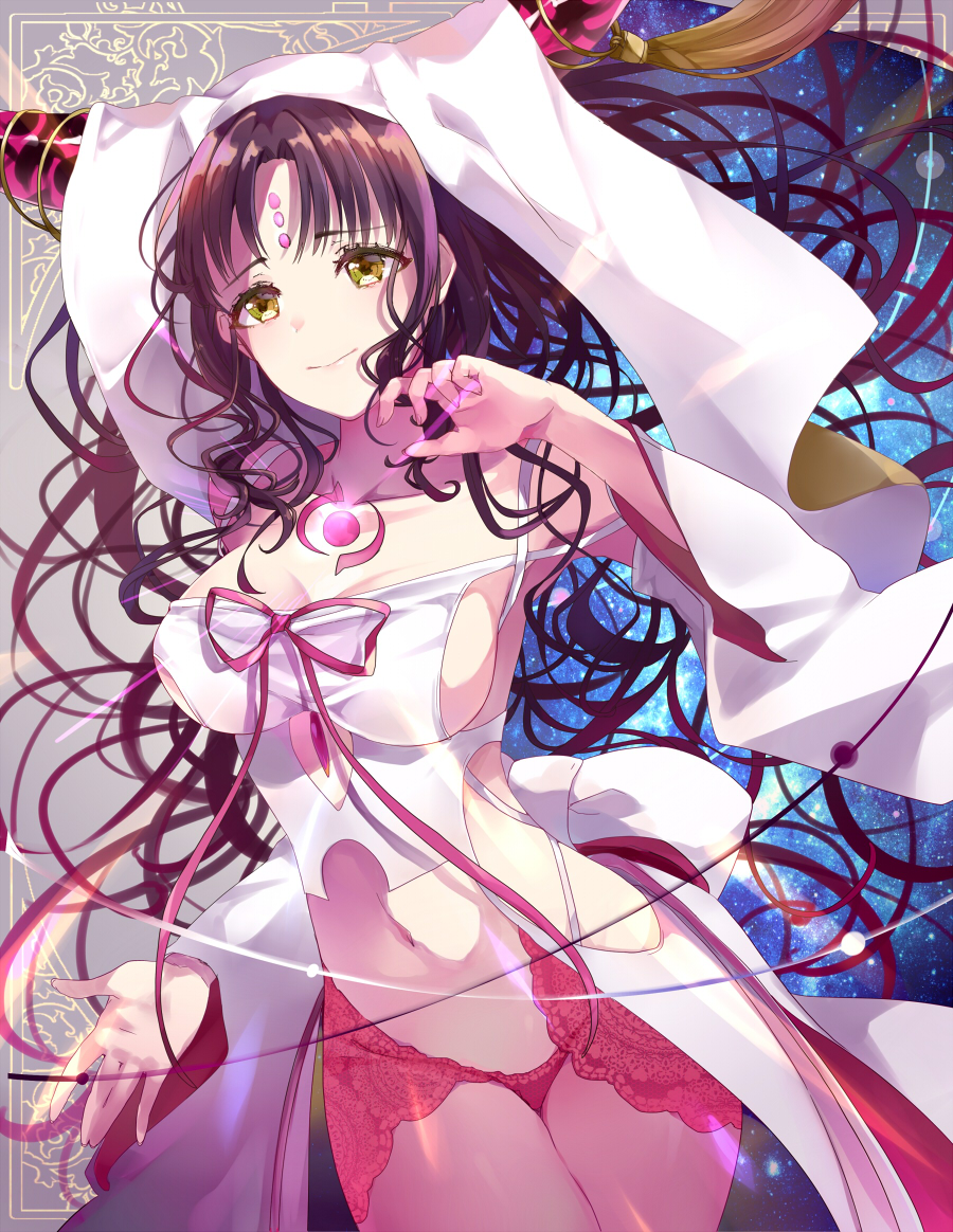 1girl arm_at_side black_hair black_horns breasts chest_tattoo cleavage closed_mouth commentary cowboy_shot cutout_above_navel dress facial_mark fate/extra fate/extra_ccc fate/grand_order fate_(series) forehead_mark gradient_hair hand_up hip_vent horn_ornament horn_ring horns large_breasts light_smile long_hair long_sleeves looking_afar multicolored_hair multicolored_horns navel panties parted_bangs pink_hair pink_horns pink_panties pink_ribbon puracotte ribbon sessyoin_kiara sessyoin_kiara_(heaven&#039;s_hole) sessyoin_kiara_(third_ascension) sideboob sidelocks solo stomach_tattoo tassel tattoo underwear veil very_long_hair white_dress white_veil wide_sleeves yellow_eyes