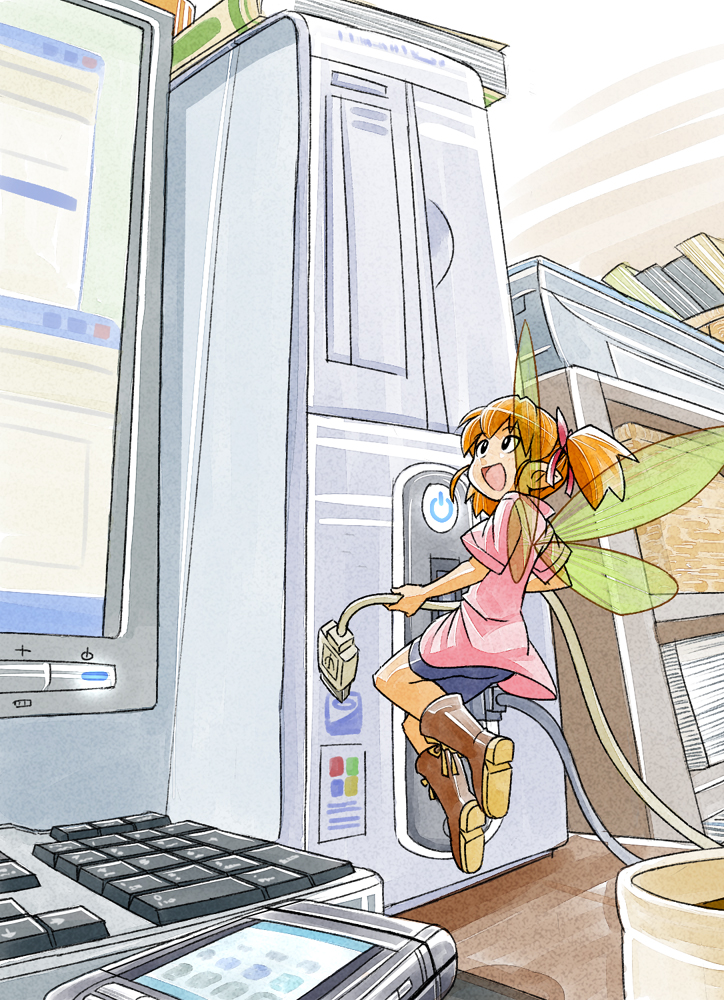 1girl :d bike_shorts boots cable ce-tan cellphone computer fairy female_focus floating full_body computer_keyboard mini_person minigirl monitor open_mouth orange_hair os-tan phone pointy_ears rokuman_kyuu smile solo twintails usb wings