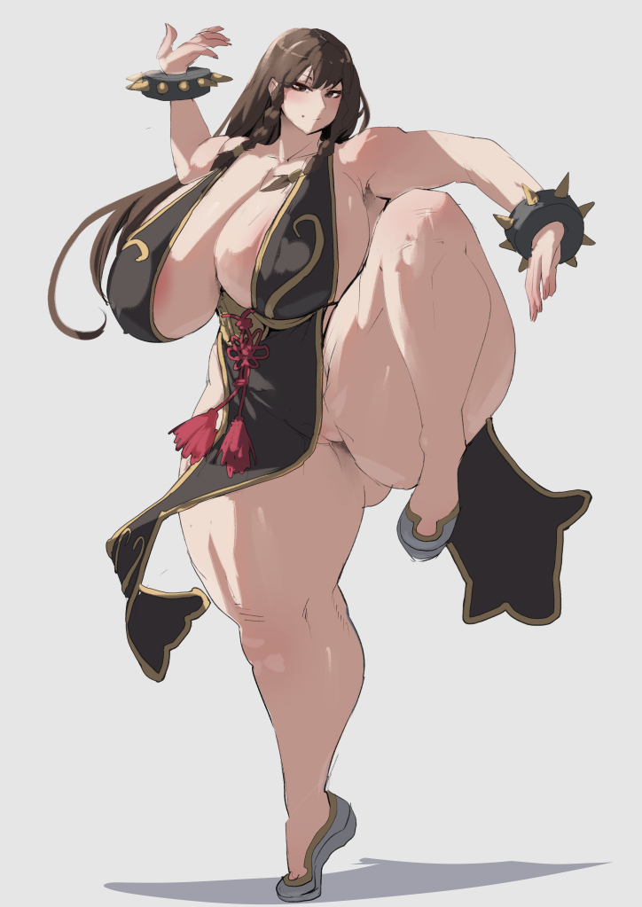 1girl areola_slip bracelet braided_sidelock breasts brown_eyes brown_hair capcom china_dress chinese_clothes chun-li cleavage dress grey_background huge_breasts jewelry long_hair martial_arts no_panties one_leg_raised plump pussy pussy_peek shoes sidelocks slippers solo spiked_bracelet spikes standing standing_on_one_leg stormcow street_fighter street_fighter_v thick_thighs thighs tiptoes
