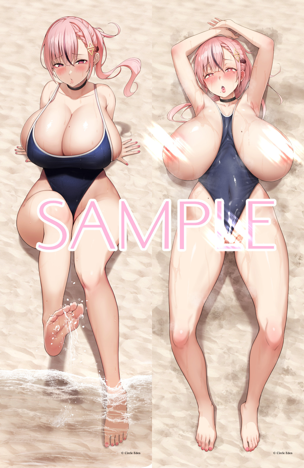 arms_up bare_arms bare_legs bare_shoulders barefoot beach black_choker blush braid breasts choker demon_girl diisuke embarrassed hair_between_eyes hair_ornament hairclip heart heart-shaped_pupils highres huge_breasts in_water kakitare_(diisuke) large_nipples light_censor long_hair mole mole_on_breast mole_under_mouth multicolored_hair open_mouth original pink_hair pink_nails ponytail sample_watermark sand shaved_armpits split standing standing_on_one_leg standing_split sweat swimsuit symbol-shaped_pupils tagme two-tone_hair water watermark