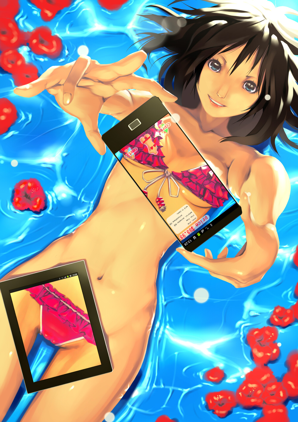 1girl augmented_reality bikini blue_eyes brown_hair cellphone false_clothes female_focus flower hibiscus highres navel original phone reverse_x-ray short_hair smartphone smile solo swimsuit tablet_pc tororoto water