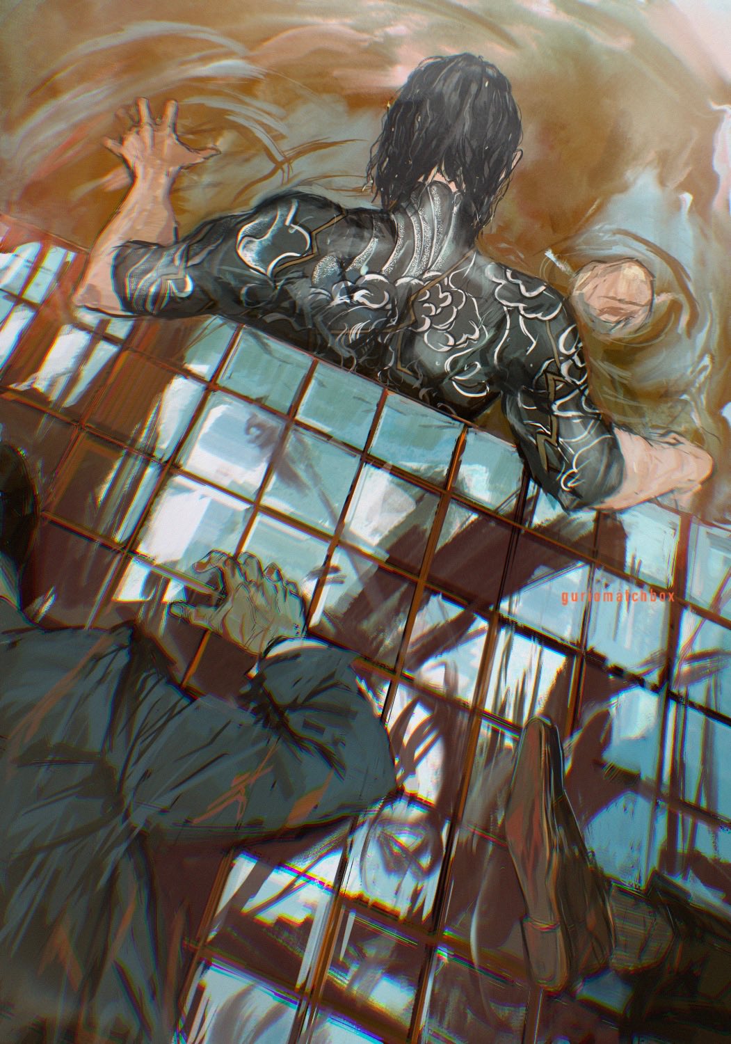 artist_name back_tattoo bath bathing black_footwear black_hair black_suit blood blood_in_water blood_on_ground blood_splatter facing_away formal_clothes guri_otoko highres irezumi kagurabachi murder muscular muscular_male soujou_genichi suit tattoo topless_male yakuza
