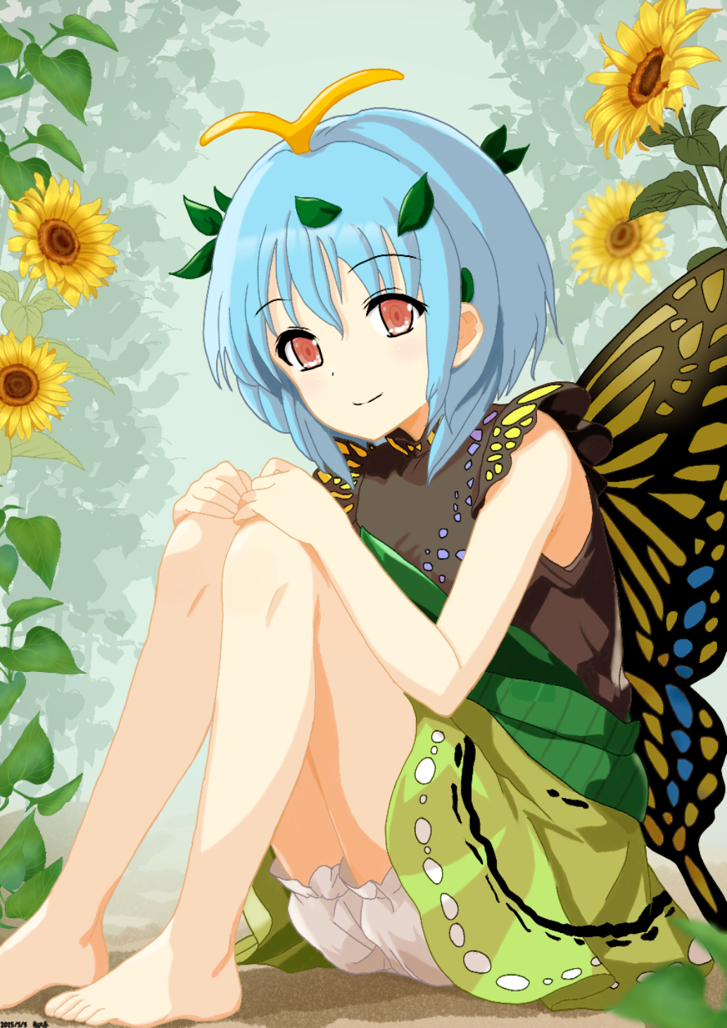 1girl antennae barefoot bloomers blue_hair butterfly_wings closed_mouth commentary_request dress eternity_larva flower green_dress highres insect_wings leaf leaf_on_head long_hair looking_at_viewer mist9801km multicolored_dress outdoors red_eyes short_sleeves sitting smile solo sunflower toes touhou underwear upskirt white_bloomers wings yellow_flower yellow_wings
