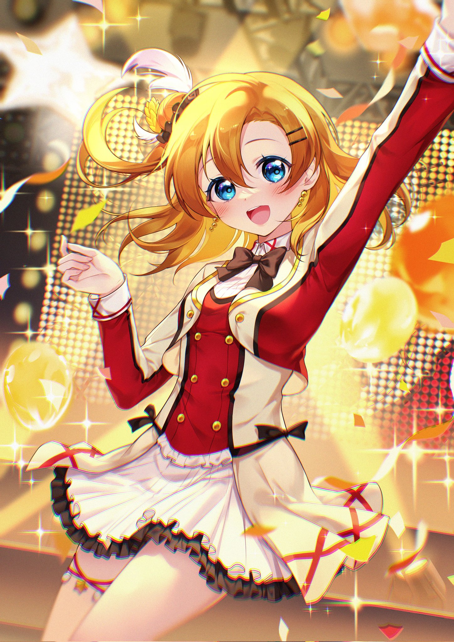 1girl black_bow black_bowtie blue_eyes blush bow bowtie buttons collared_shirt cropped_jacket double-breasted earrings frills highres idol jacket jewelry kosaka_honoka long_sleeves love_live! love_live!_school_idol_project multicolored_jacket one_side_up open_mouth orange_hair overskirt red_jacket shirt short_hair skirt smile solo sore_wa_bokutachi_no_kiseki sparkle star_(symbol) starringooo white_jacket white_skirt